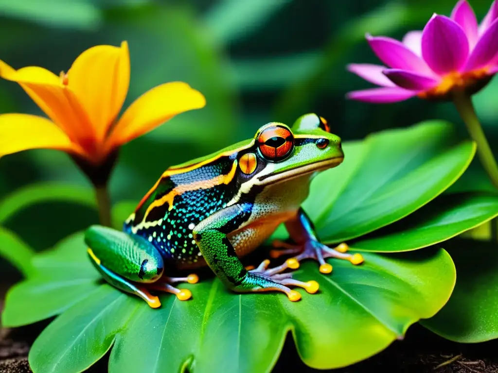 Vibrante escena de la selva tropical con anfibios y polinización de semillas