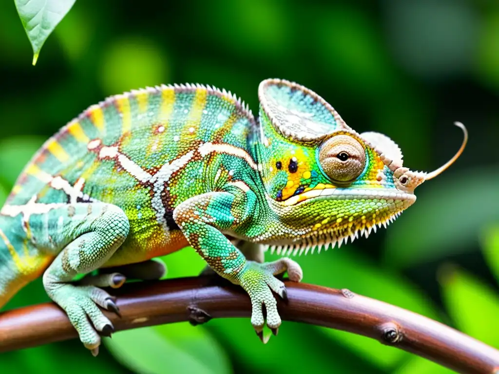 Un camaleón macho vibrante muestra una gama de colores en su piel, comunicando a través de la cromática