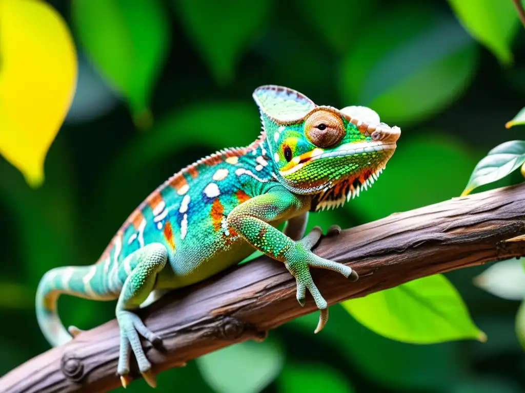 Un camaleón vibrante en su hábitat natural, con patrones de piel detallados y fondo tropical