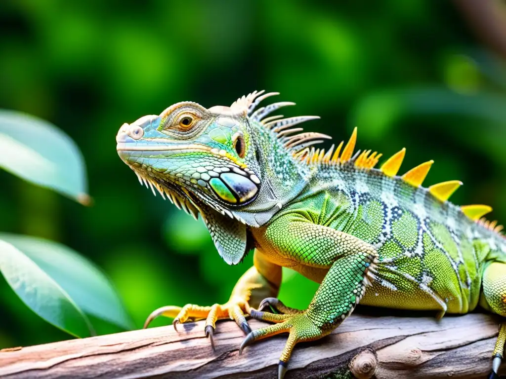 Una fotografía de alta resolución de una vibrante iguana verde, escamas relucientes al sol, mirando fijamente a la cámara desde una rama cubierta de musgo