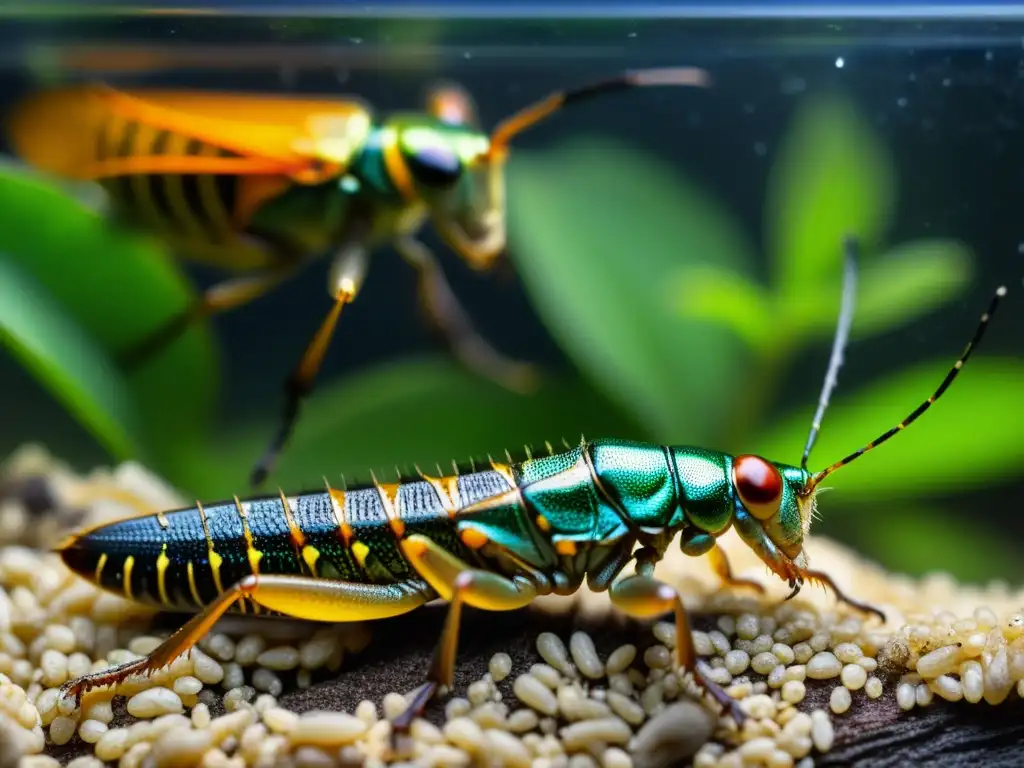 Vibrante imagen de insectos vivos en terrario para reptiles, destacando la variedad de colores y texturas