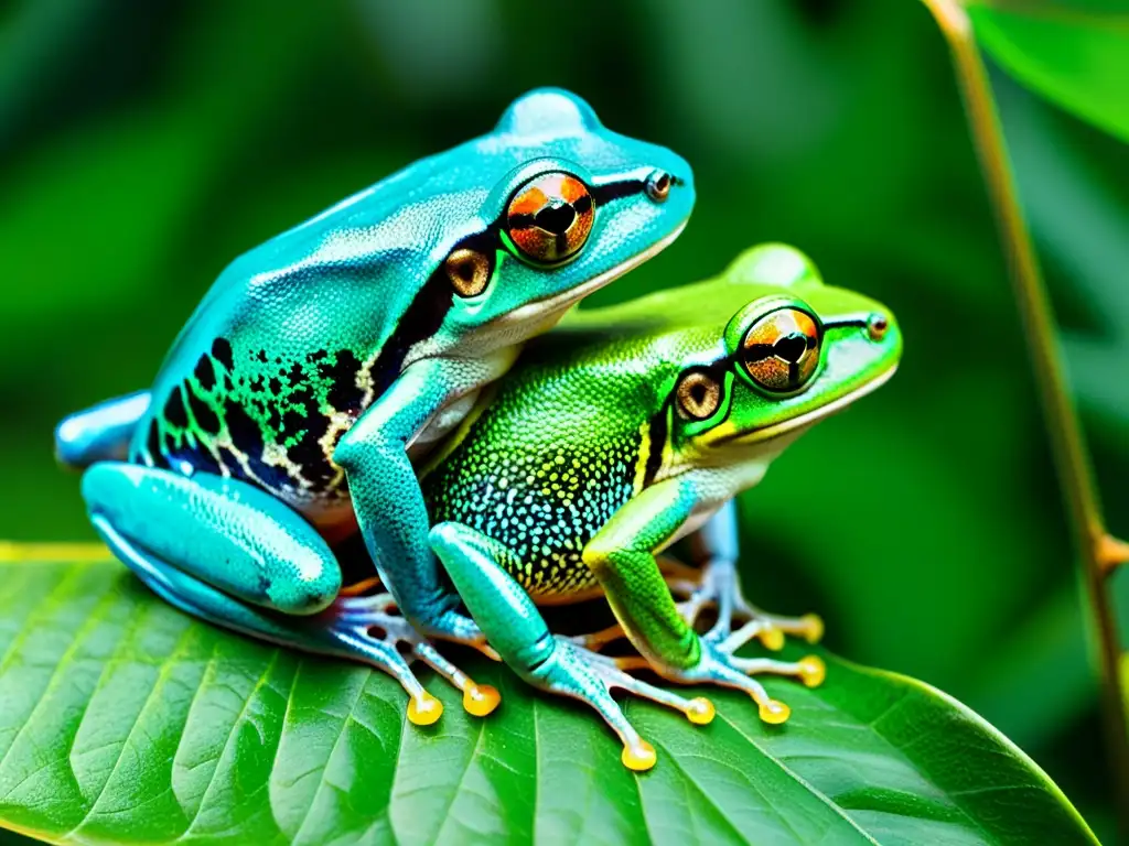 Vibrante imagen de dos ranas en una hoja, comunicación reproductiva anfibios en hábitat natural