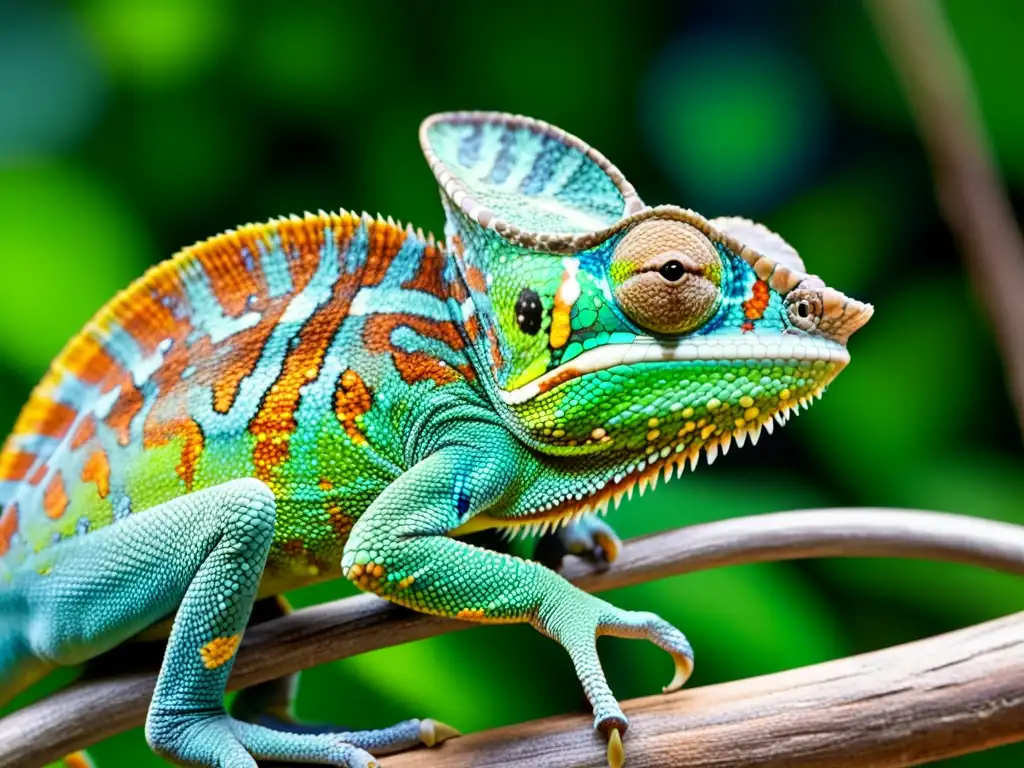 Un camaleón vibrante capturando un insecto en detalle