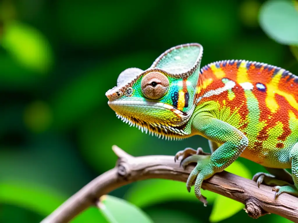 Un camaleón vibrante capturando un insecto en un entorno tropical exuberante