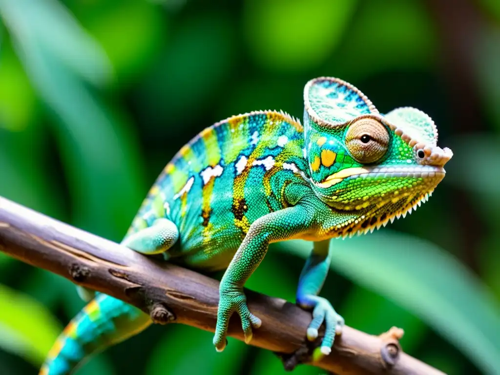 Un camaleón vibrante y iridiscente en su entorno natural, con una coloración que cambia sutilmente