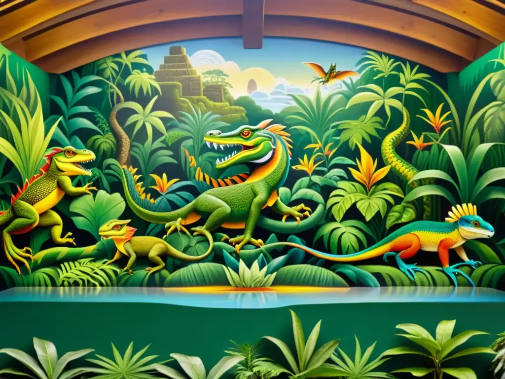 Vibrante mural mitológico de reptiles y anfibios en la selva