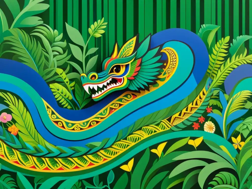 Murales Mesoamericanos: Quetzalcóatl en la Selva Vibrante mural de Quetzalcóatl, serpiente emplumada, en exuberante paisaje mesoamericano