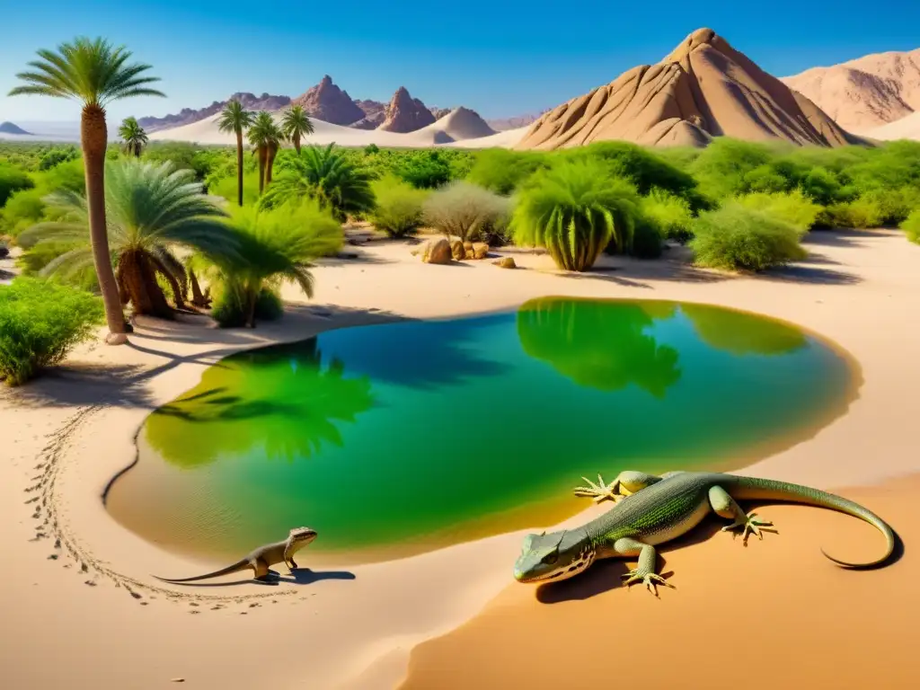 Vibrante oasis en desierto con reptiles, destacando la importancia de los reptiles en oasis