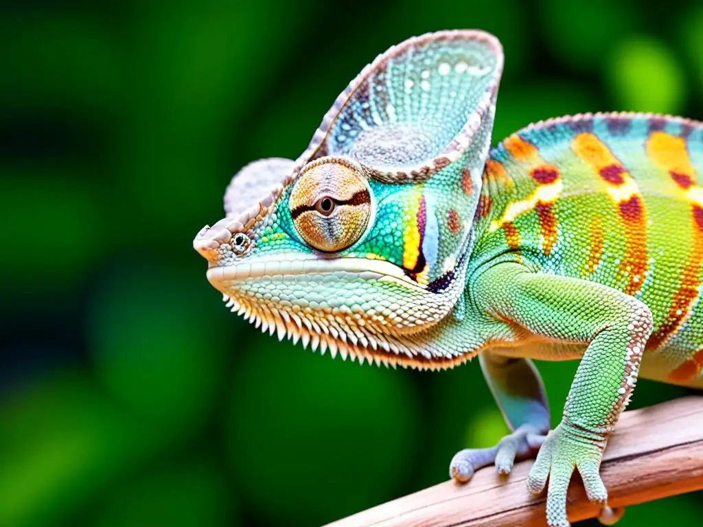 Un camaleón macho vibrante muestra su piel multicolor en detalle, reflejando el dimorfismo sexual en reptiles