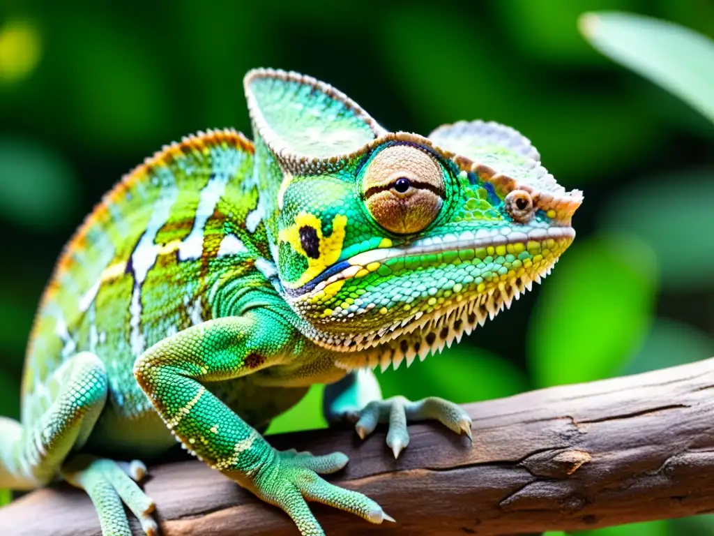 Un camaleón vibrante posado en una rama, con ojos intensos y piel texturizada, bajo la luz del sol en un bosque tropical