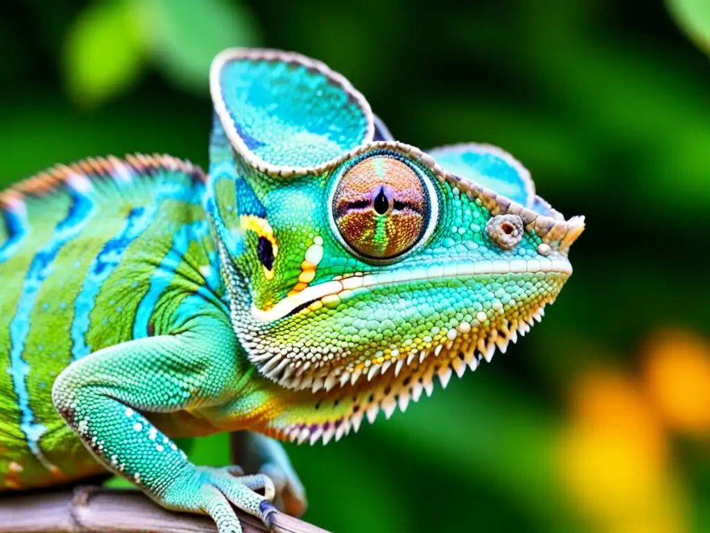 Un camaleón vibrante en primer plano, con colores vivos y piel texturizada, en su hábitat natural entre hojas verdes