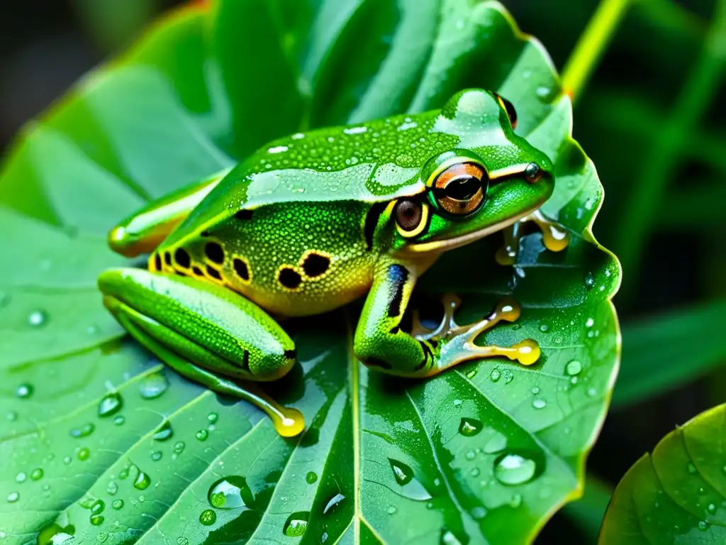 Vibrante rana arbórea en hoja húmeda reflejando gotas de lluvia, en el exuberante fondo de la selva