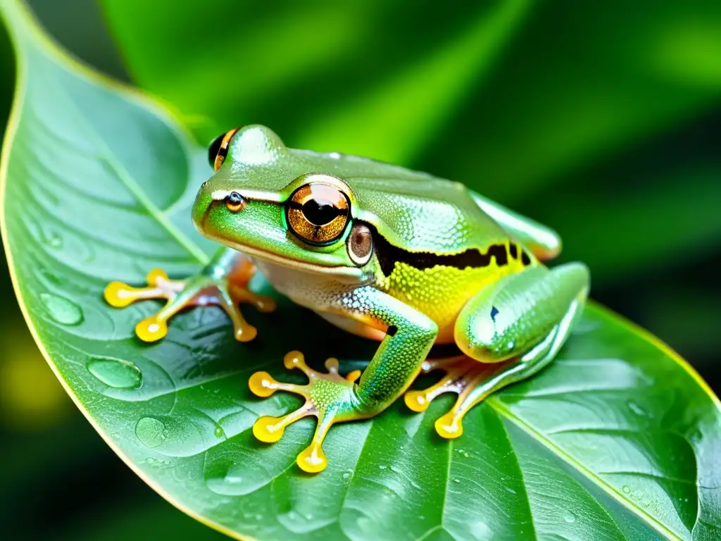 Vibrante rana arbórea en hoja de selva tropical, piel traslúcida y ojos dorados reflejando la luz del sol