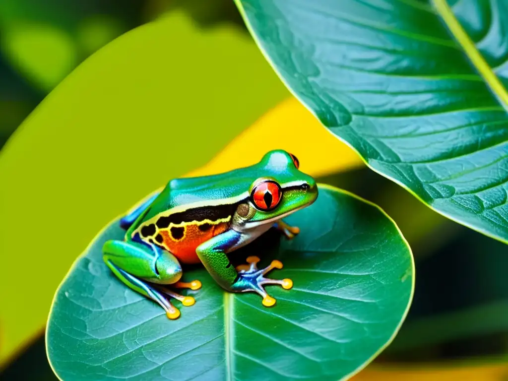 Vibrante rana de ojos rojos en exuberante selva tropical, potencial medicina anfibios descubrimientos