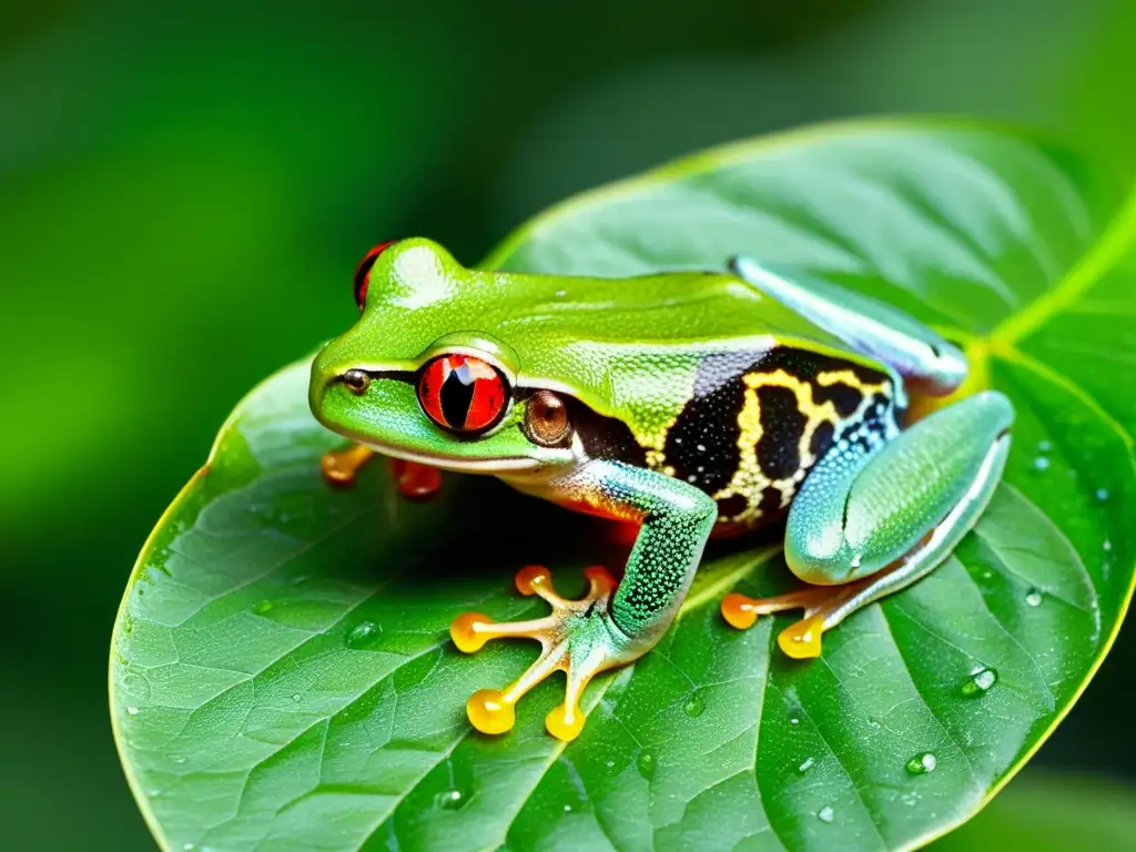 Vibrante rana de ojos rojos sobre hoja con gotas de agua, destacando la importancia de los anfibios como indicadores de salud del ecosistema