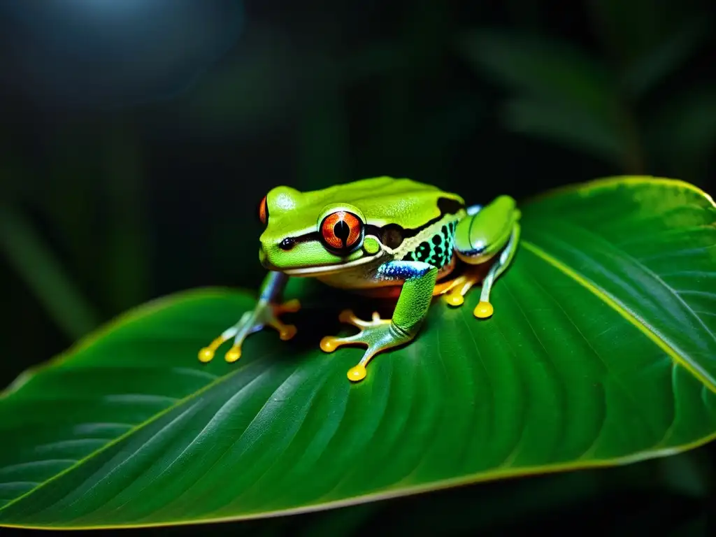 Vibrante rana arbórea en la oscuridad de la selva, reflejando la luz de la luna