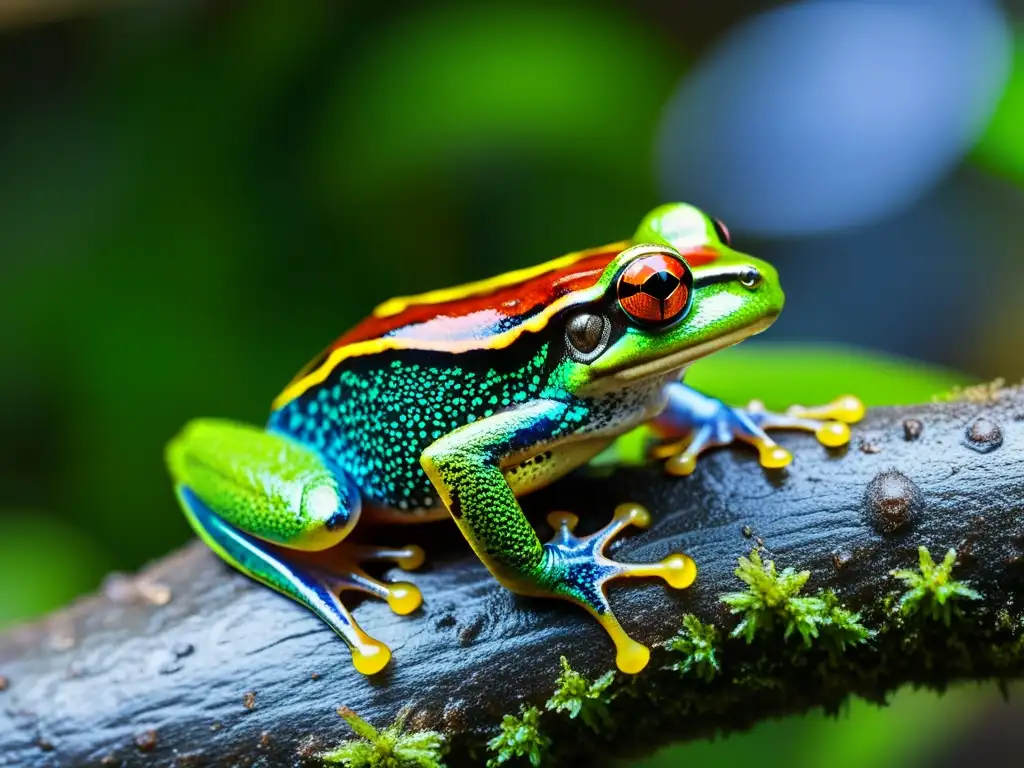 Vibrante rana tropical en microhábitat de selva, con colores iridiscentes y texturas detalladas de musgo y corteza