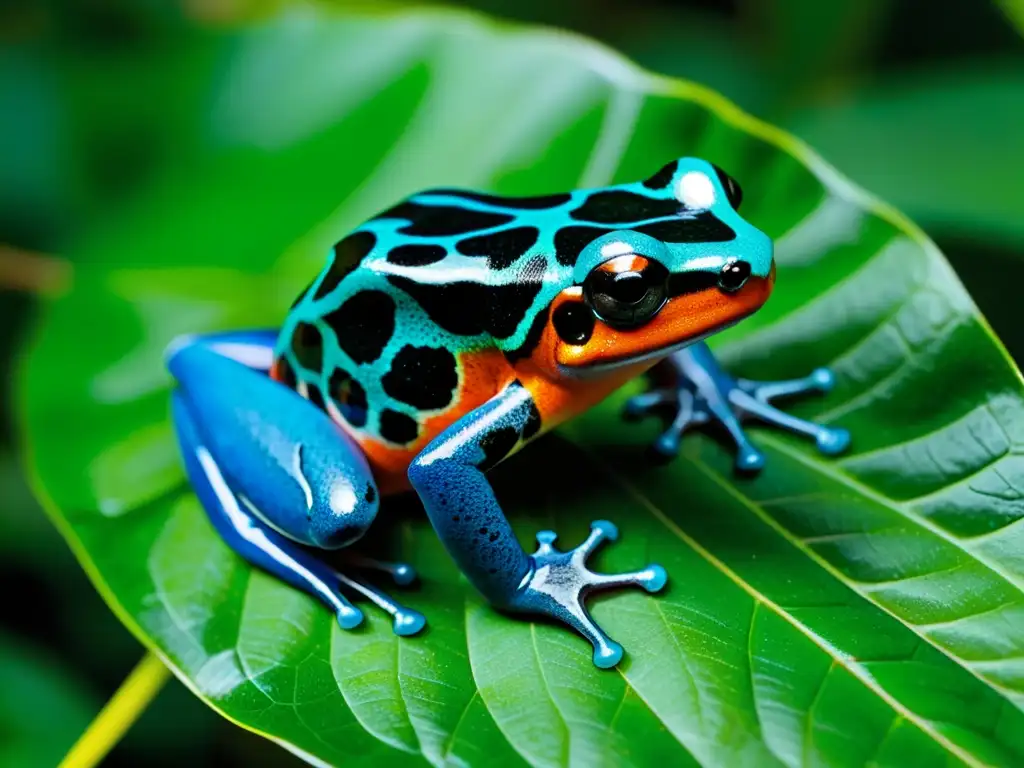 Una fotografía de alta resolución de una vibrante rana venenosa posada en una hoja en su hábitat natural