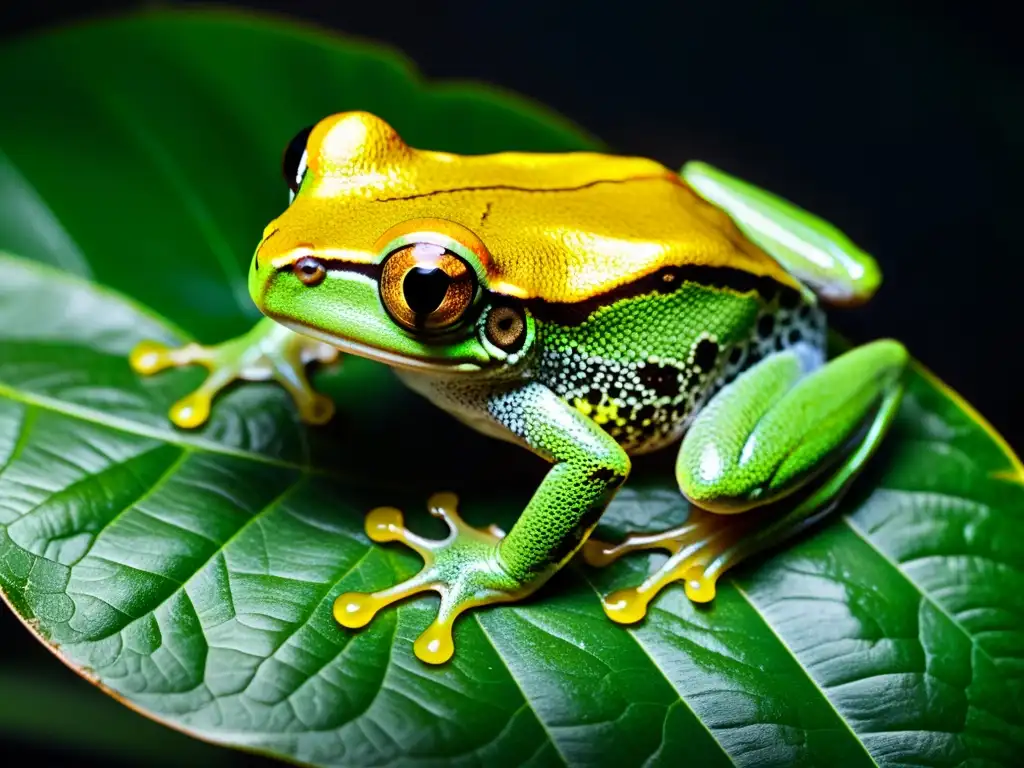 Vibrante rana verde en la noche, con piel brillante y ojos dorados, sobre una hoja