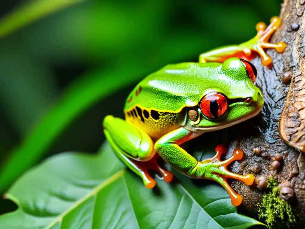 Vibrante rana arborícola verde con ojos rojos en selva exuberante, mostrando impacto de la deforestación en la vida de los anfibios