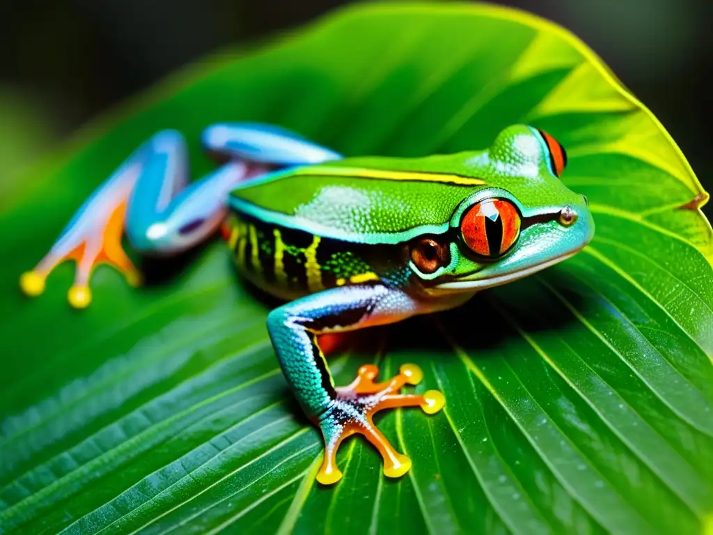 Vibrante ranita de ojos rojos en el bosque tropical, mostrando la belleza y fragilidad de los anfibios y su hábitat