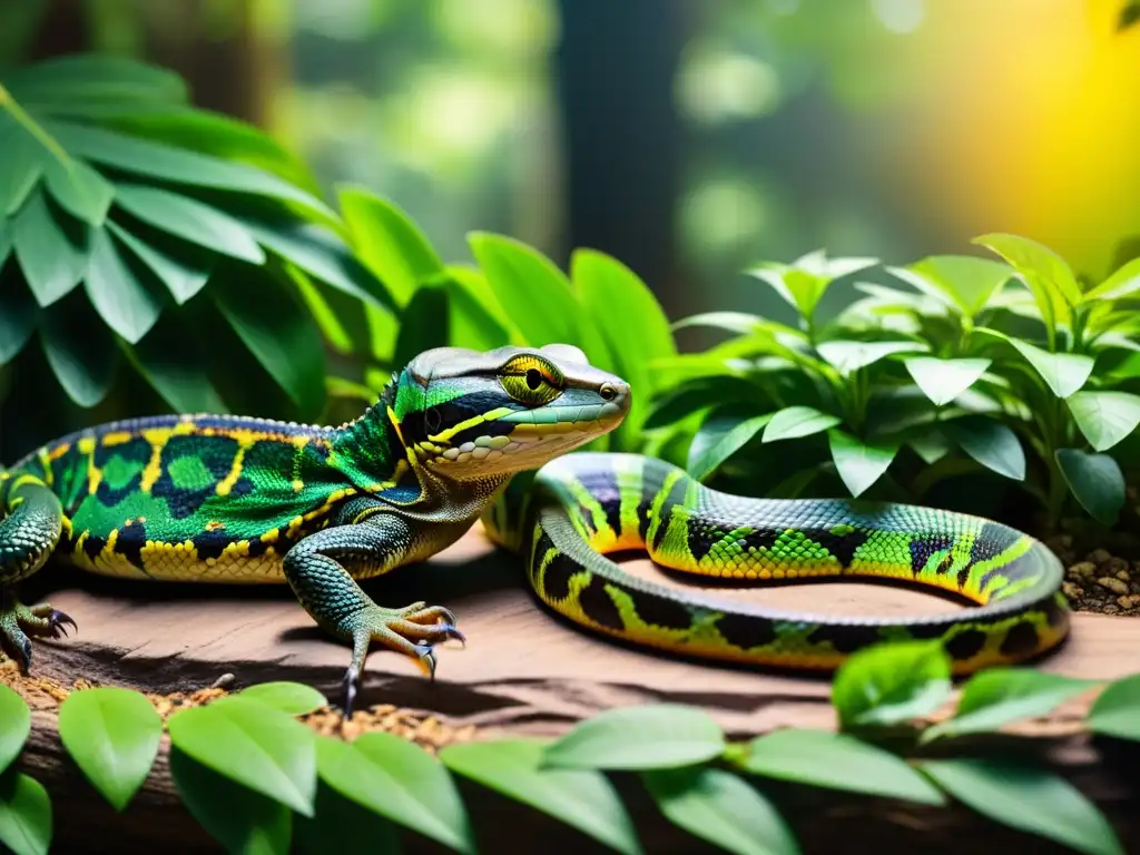 Vibrante hábitat de reptiles con relación entre reptiles y ecosistema en detalle asombroso