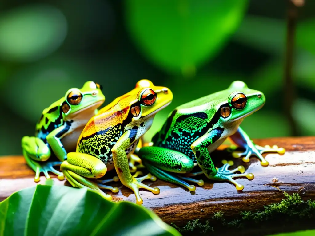 Vibrante ritual de cortejo en anfibios: machos de ranas arborícolas en salto, con patrones y colores detallados, bajo la luz del bosque tropical