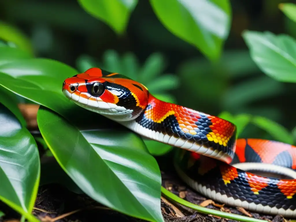 Vibrante serpiente lechera roja y negra explorando exuberante selva tropical