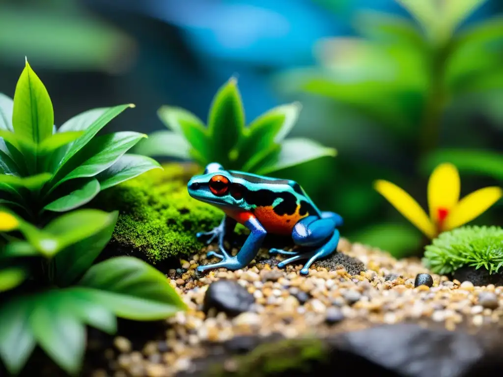 Vibrante terrario con ranas venenosas explorando su entorno natural, enriquecimiento ambiental anfibios cautiverio