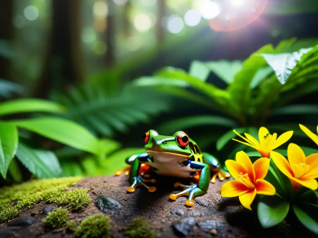 Vibrante hábitat único de reptiles y anfibios en la exuberante selva tropical, con detalles asombrosos y vida vegetal diversa