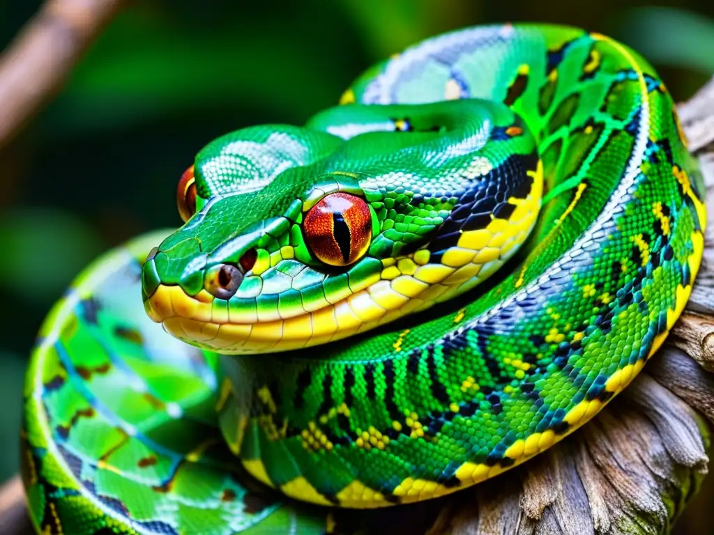 Vibrante pitón verde en la jungla, mostrando escamas detalladas