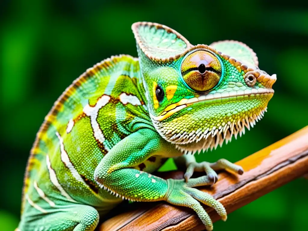 Vibrante camaleón verde en una rama, detallado y hermoso