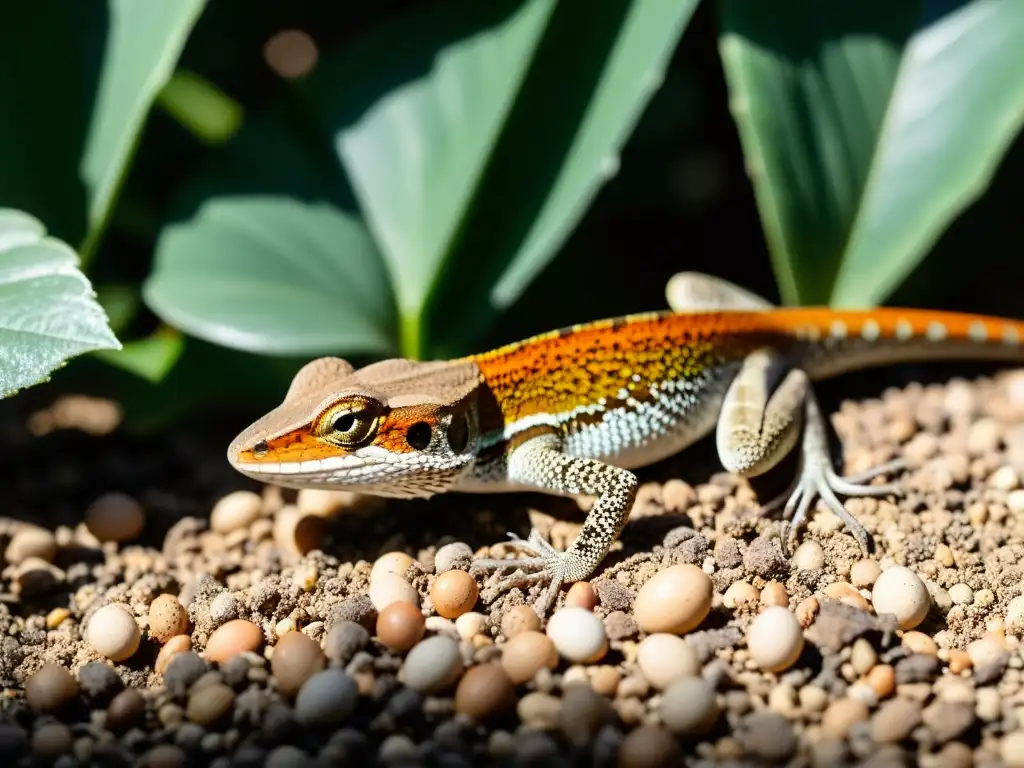 Un anolis de vientre rosado anida en el suelo húmedo, cuidando sus huevos