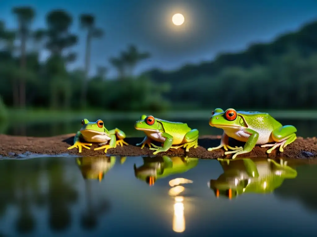 Una visión nocturna cautivadora: vida nocturna de anfibios iluminada por la luna en un tranquilo estanque de niebla