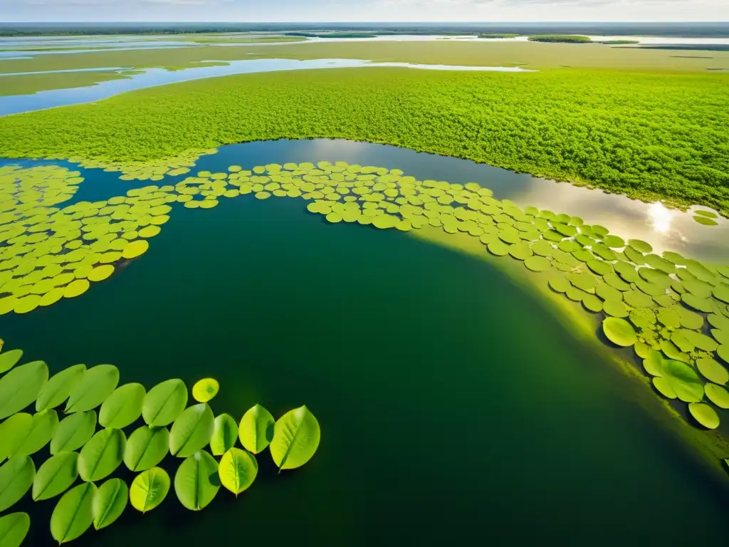 Vista aérea de un exuberante humedal, vital para el ciclo del agua y los anfibios, bañado por cálidos rayos de sol