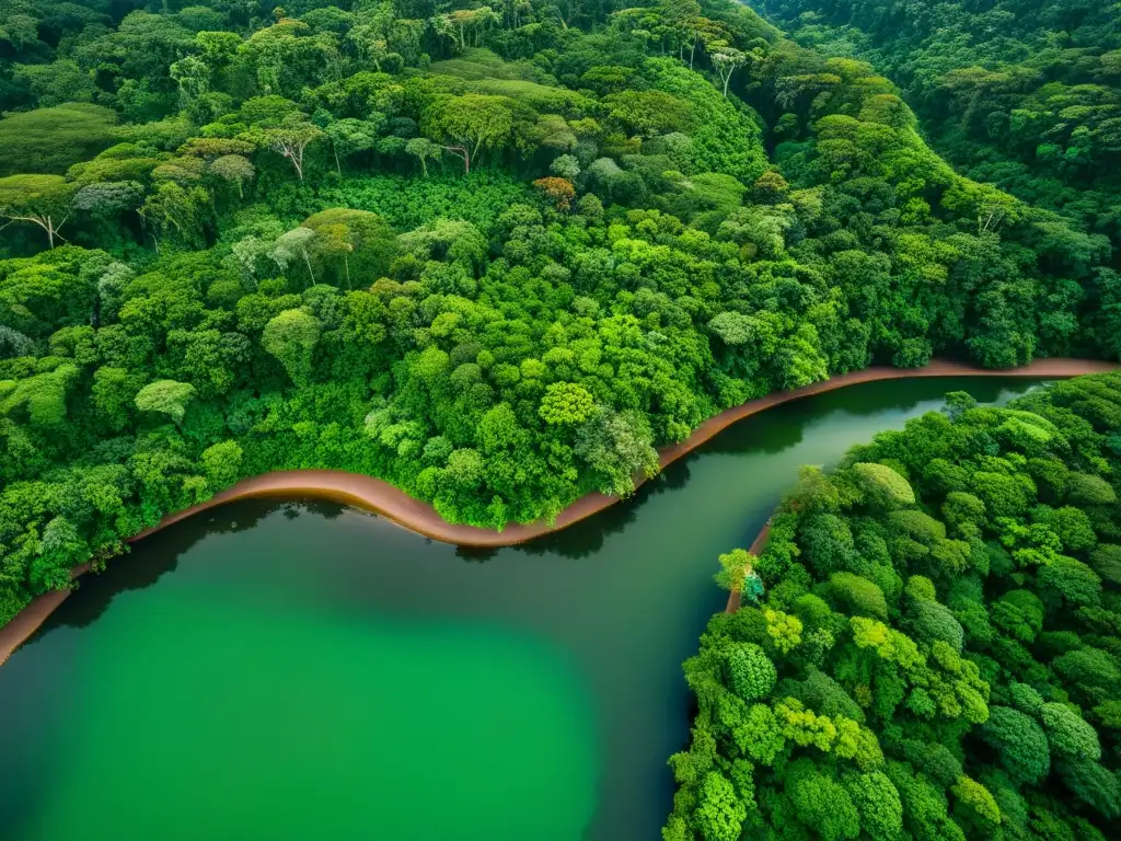 Vista aérea impresionante de un exuberante bosque tropical con río serpenteante