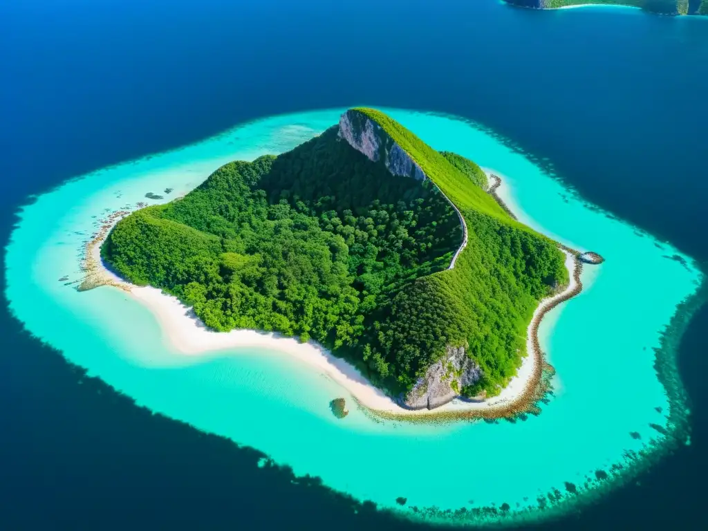 Vista aérea de una isla remota con exuberante vegetación y aguas turquesas, resaltando la conservación de la biodiversidad en islas remotas