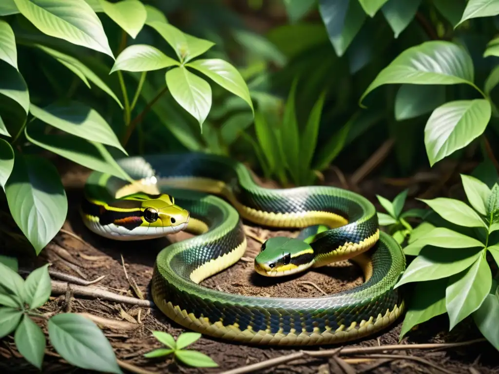 Vista cercana de una serpiente entre la maleza, mostrando la interacción reptil-planta en su hábitat natural