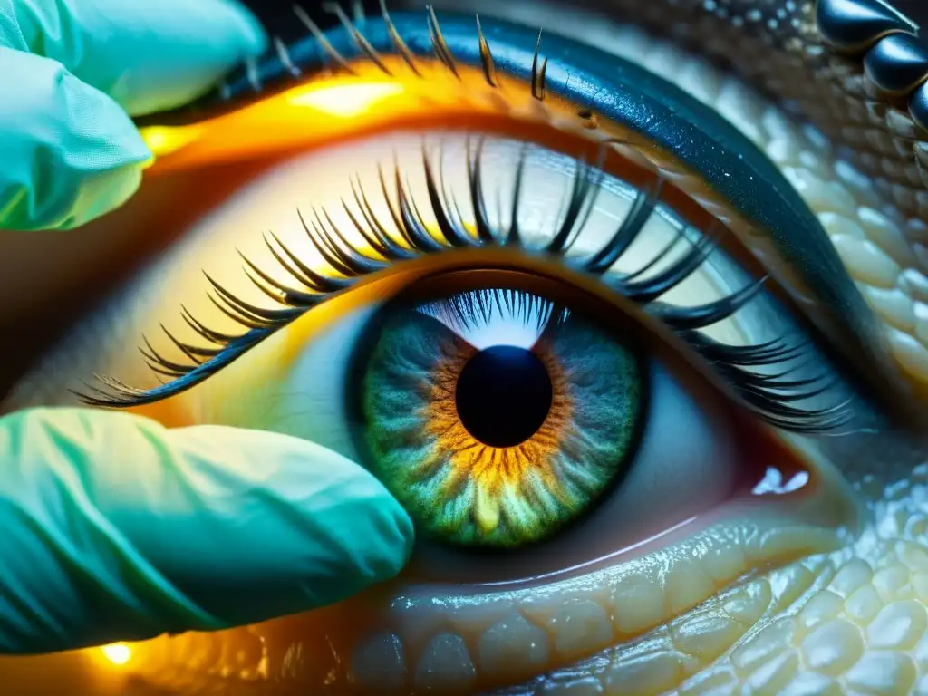 Vista detallada de cirugía de cataratas en reptiles, con manos expertas realizando la delicada operación bajo intensas luces quirúrgicas