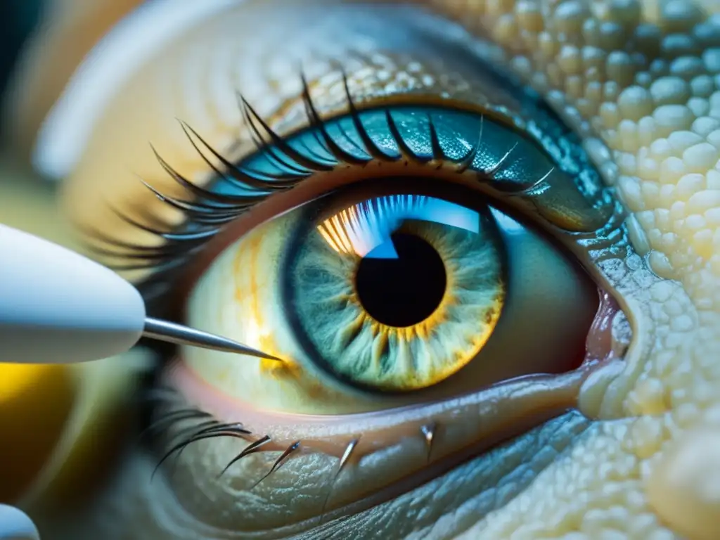 Vista detallada de la cirugía de cataratas en reptiles, con el ojo ampliado y el veterinario realizando la delicada operación
