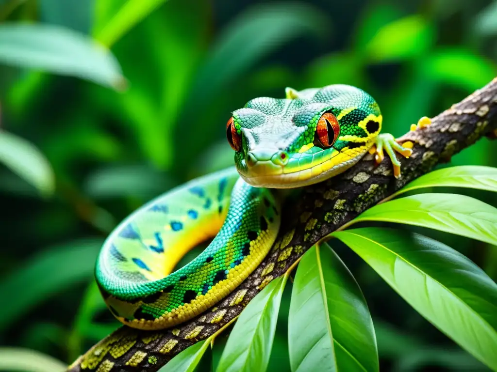 Vista detallada de una selva tropical con reptil en planta vibrante