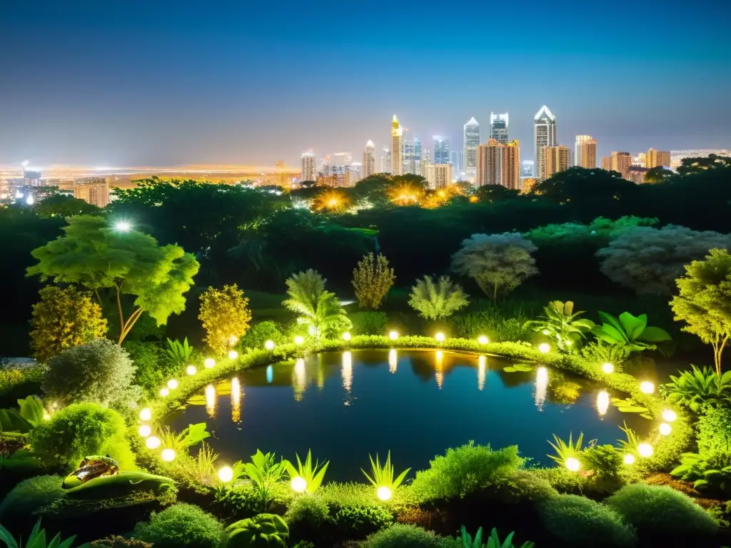 Vista nocturna de la ciudad con hábitat natural de reptiles y anfibios