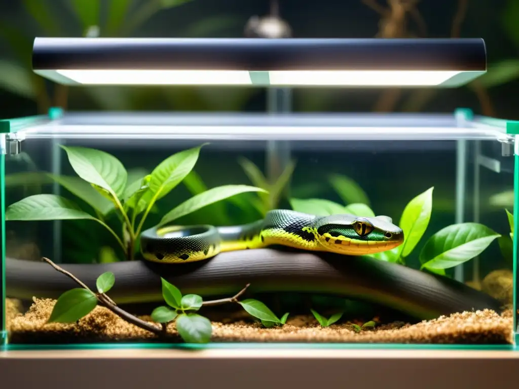 Vista en primer plano de un hábitat de cuarentena para reptiles, con serpiente descansando bajo luz UVB