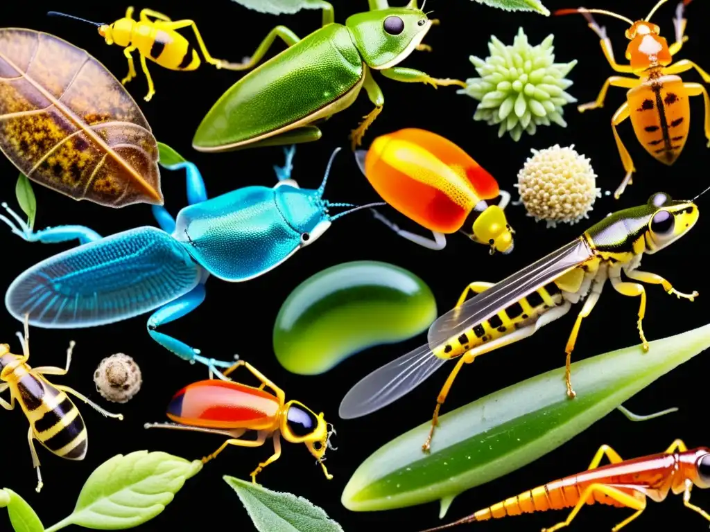 Vista de cerca de vibrantes insectos y pequeños invertebrados en un entorno natural, óptimo para criar anfibios