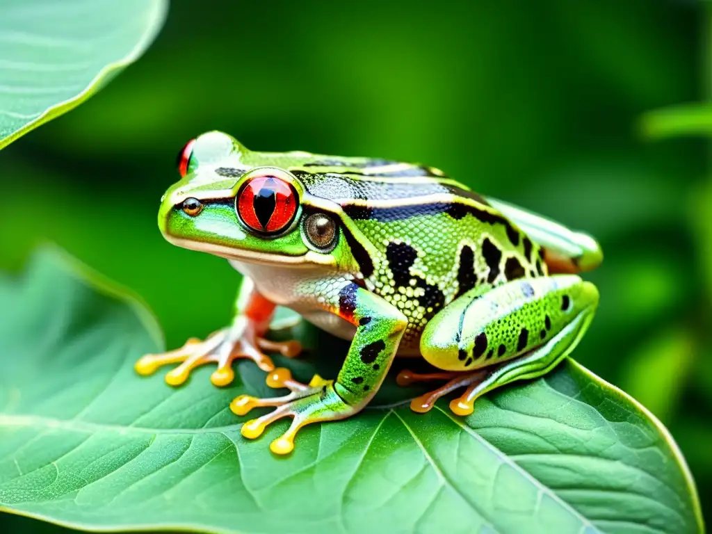 Composición visual fotografía anfibios: Una rana arbórea verde vibrante posada en una hoja, con texturas detalladas y colores impactantes