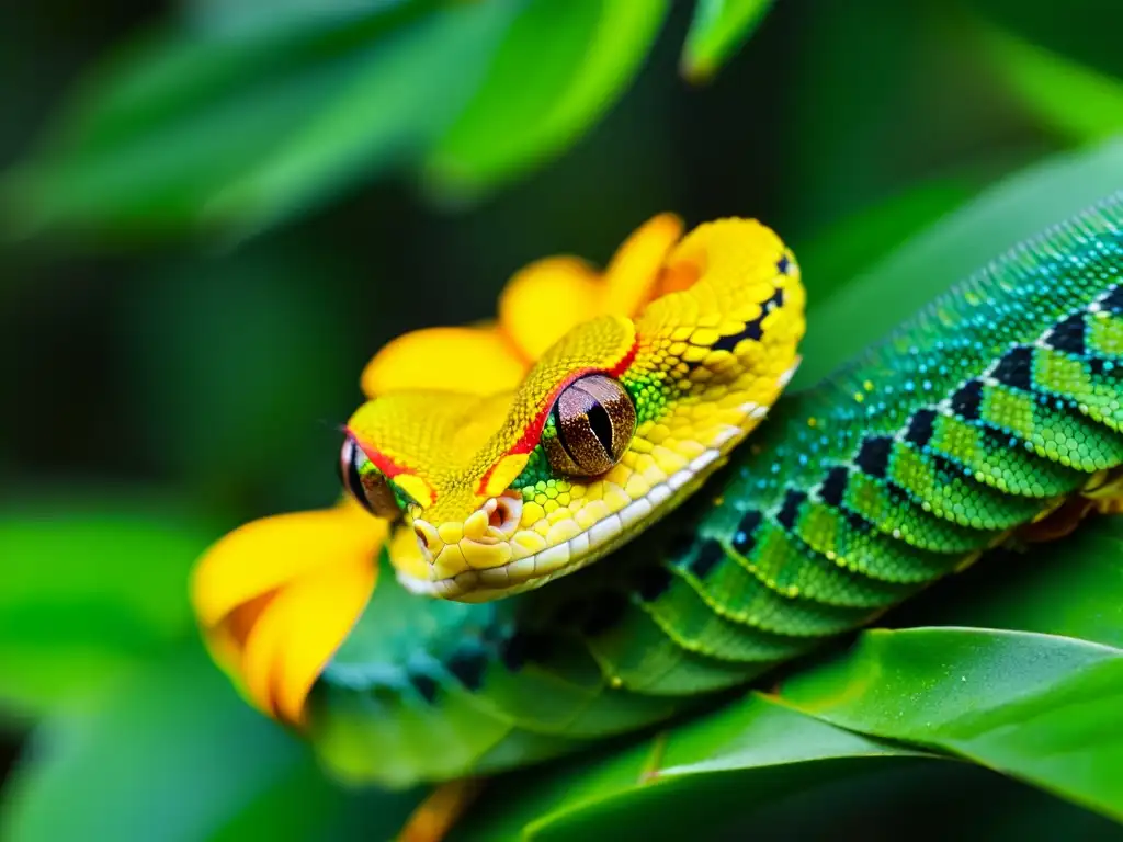 Una vívida imagen de una serpiente de pestañas verde en su hábitat natural, mostrando sus escamas intrincadas y ojos amarillos penetrantes