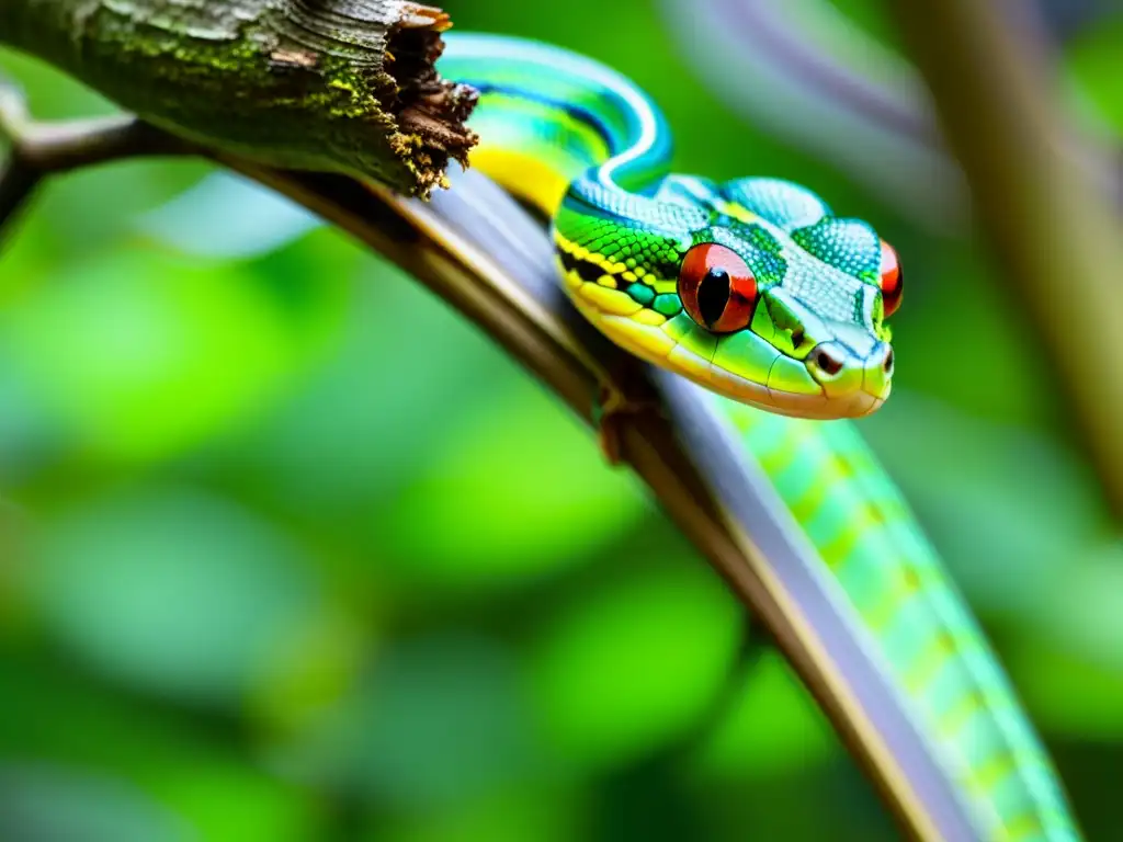 Vívida imagen de una serpiente verde en la selva tropical, destacando su impacto en el control de plagas y la biodiversidad