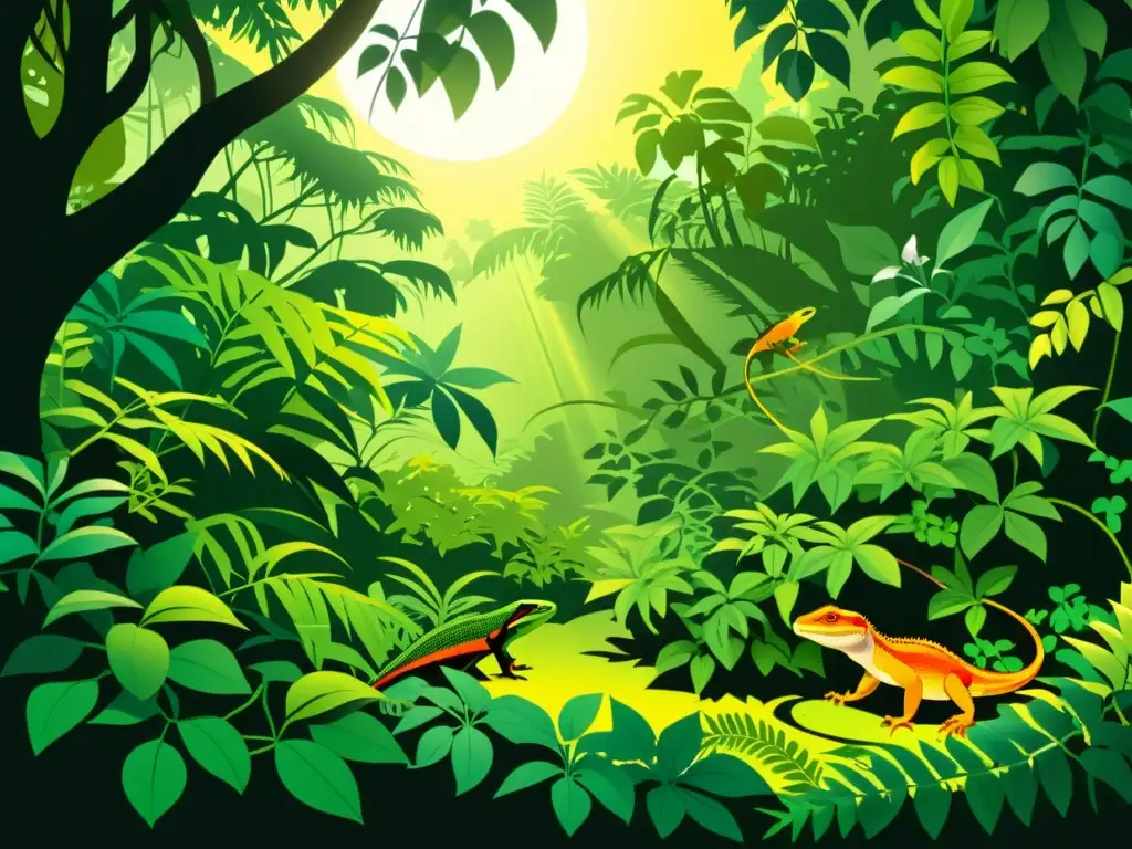 Vívida ilustración de la selva con reptiles, fomentando el respeto por la vida silvestre en literatura infantil