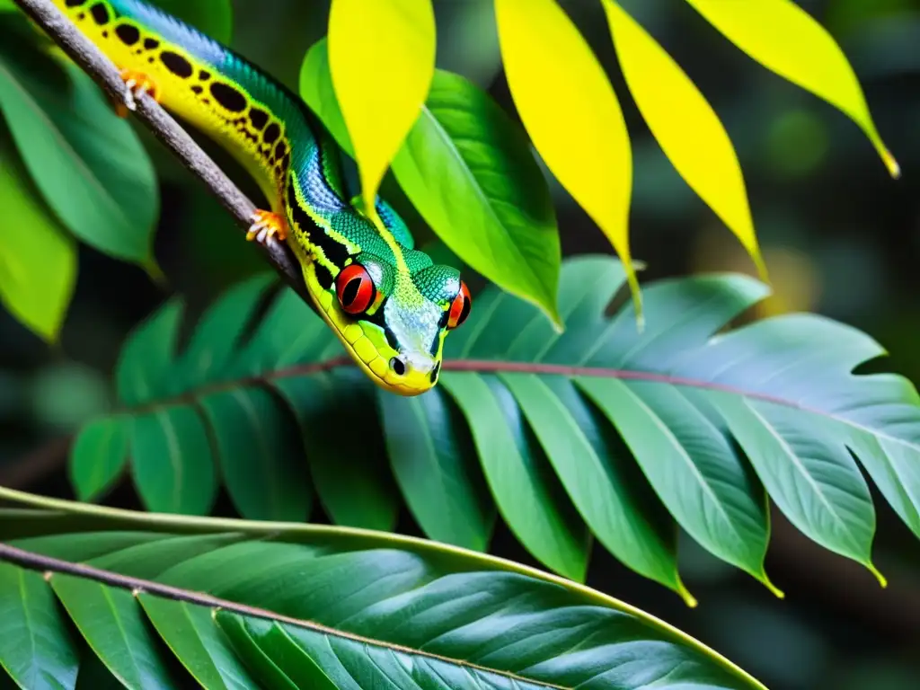 Vívida selva tropical con serpiente y rana