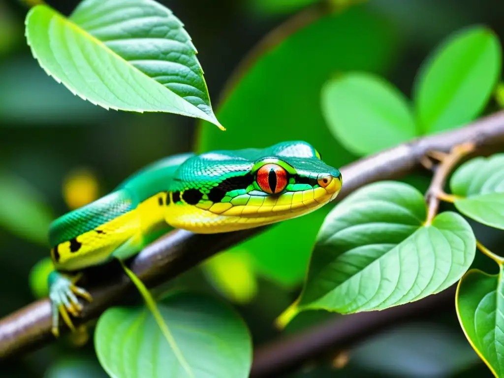 Vívida serpiente verde en la selva tropical: importancia de corredores biológicos para reptiles